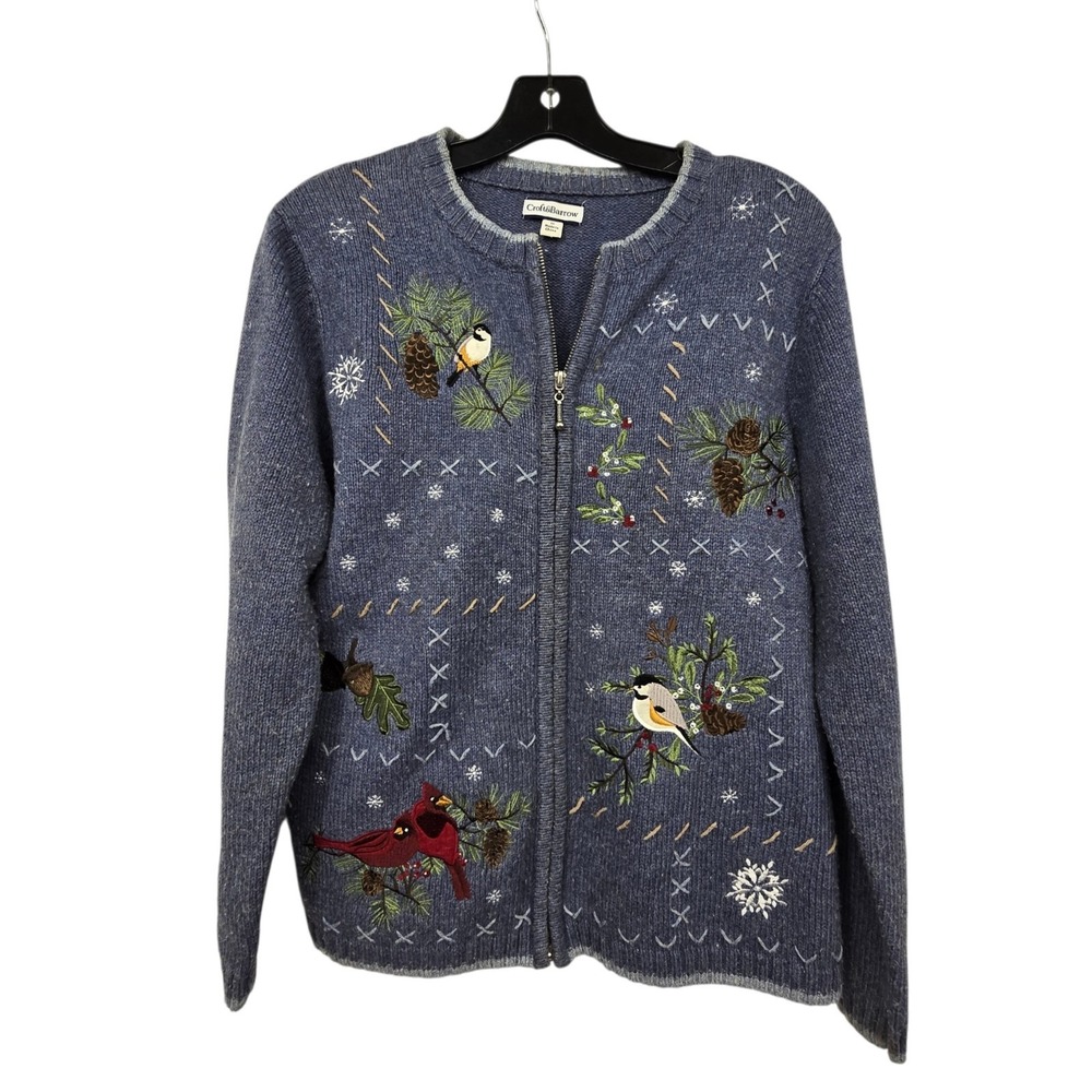 Vintage 90s Embroidered Zip Cardigan Sweater Womens M Blue Cardinal Chickadee